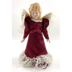 Russ Berrie, Bone China Angel Tree Topper Christmas.  Red Velvet Dress w/ Lace.